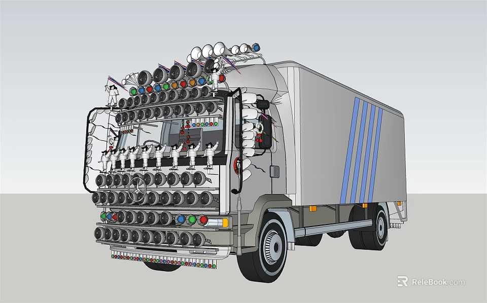 Silver Truck With Multiple Colored Circular Lights On Front And Blue Side Stripes 3d model 