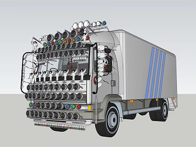 Silver Truck With Multiple Colored Circular Lights On Front And Blue Side Stripes 3d model
