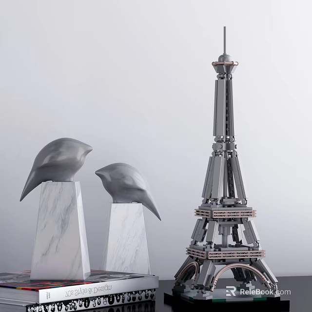 Decorative Ornament Set With Bird Figurines Marble Bases And Eiffel Tower Decoration 3d model 