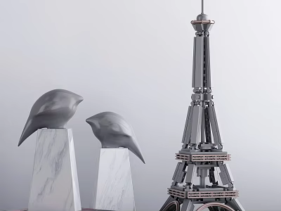 Decorative Ornament Set With Bird Figurines Marble Bases And Eiffel Tower Decoration 3d model