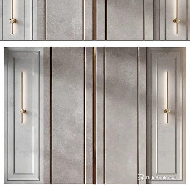 Elegant Modern Background Wall With Textured Gray Surface And Gold Decorative Stripes 3d model 