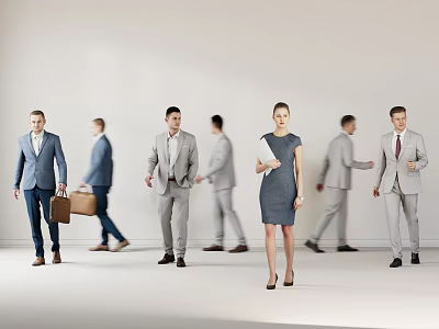 Group of Business People In Formal Suits Walking Through White Interior Space 3d model