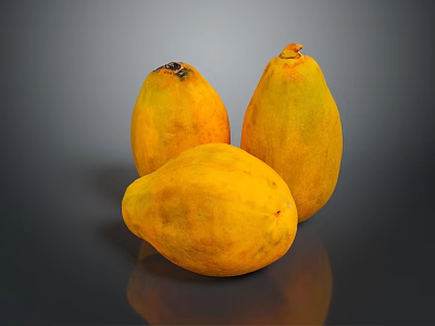 Three Ripe Yellow Papayas On Dark Reflective Surface With Smooth Skin 3d model