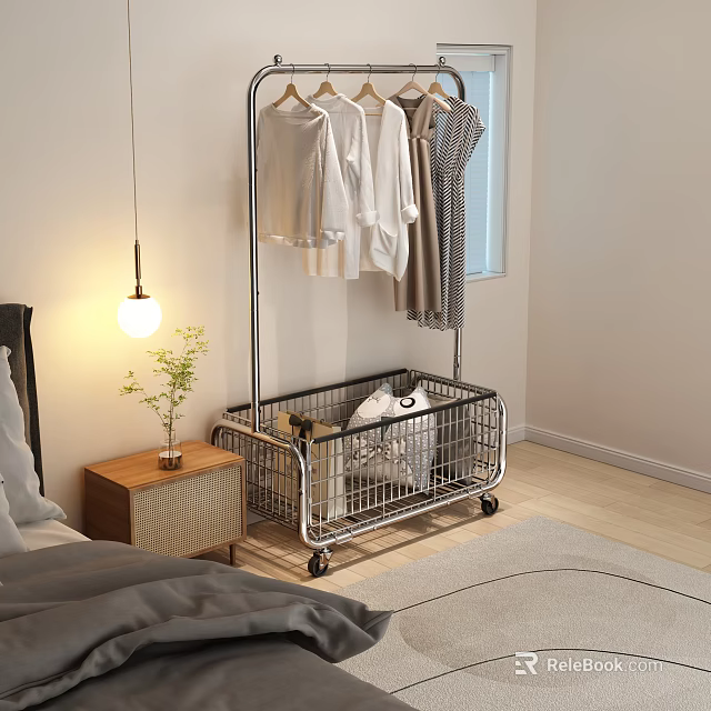 Bedroom Metal Clothing Rack With Storage Basket And Hanging Clothes 3d model 