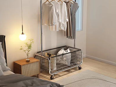 Bedroom Metal Clothing Rack With Storage Basket And Hanging Clothes 3d model