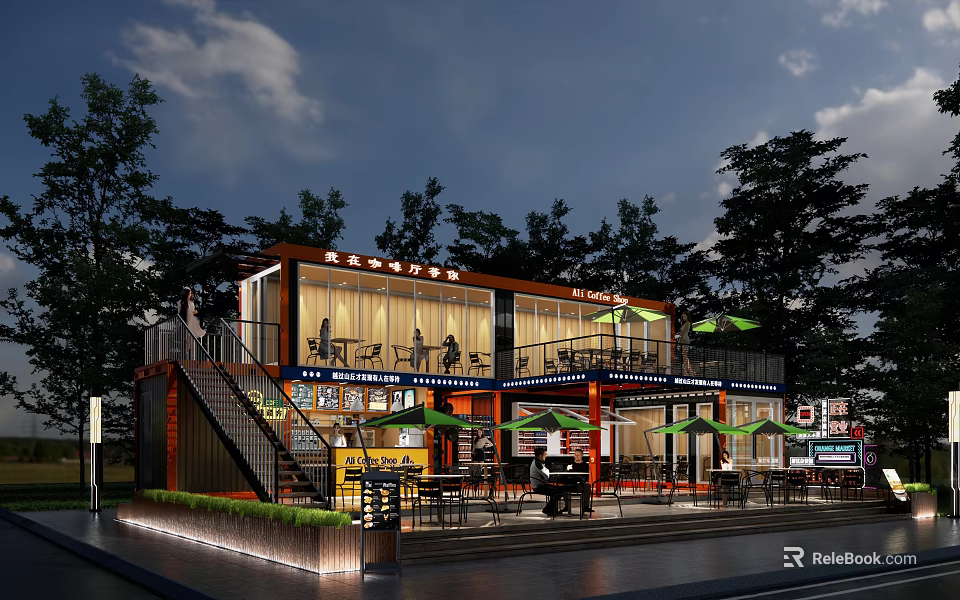Two Story Container Cafe With Outdoor Seating Green Umbrellas Trees And Illuminated Lighting 3d model 