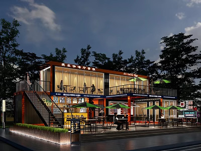 Two Story Container Cafe With Outdoor Seating Green Umbrellas Trees And Illuminated Lighting 3d model