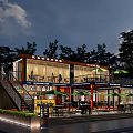 Two Story Container Cafe With Outdoor Seating Green Umbrellas Trees And Illuminated Lighting