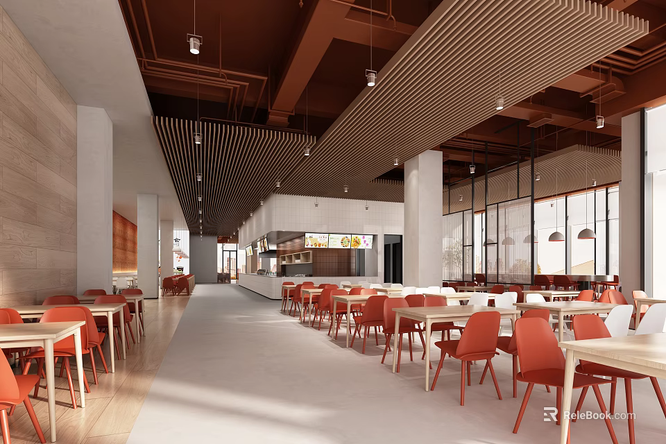 Modern Restaurant Interior With Orange Chairs Wooden Tables Wooden Ceiling And Large Windows 3d model 