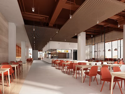 Modern Restaurant Interior With Orange Chairs Wooden Tables Wooden Ceiling And Large Windows 3d model