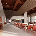 Modern Restaurant Interior With Orange Chairs Wooden Tables Wooden Ceiling And Large Windows
