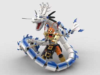 Building Blocks Dragon Model with Blue and White Body and Yellow Armored Minifigure 3d model