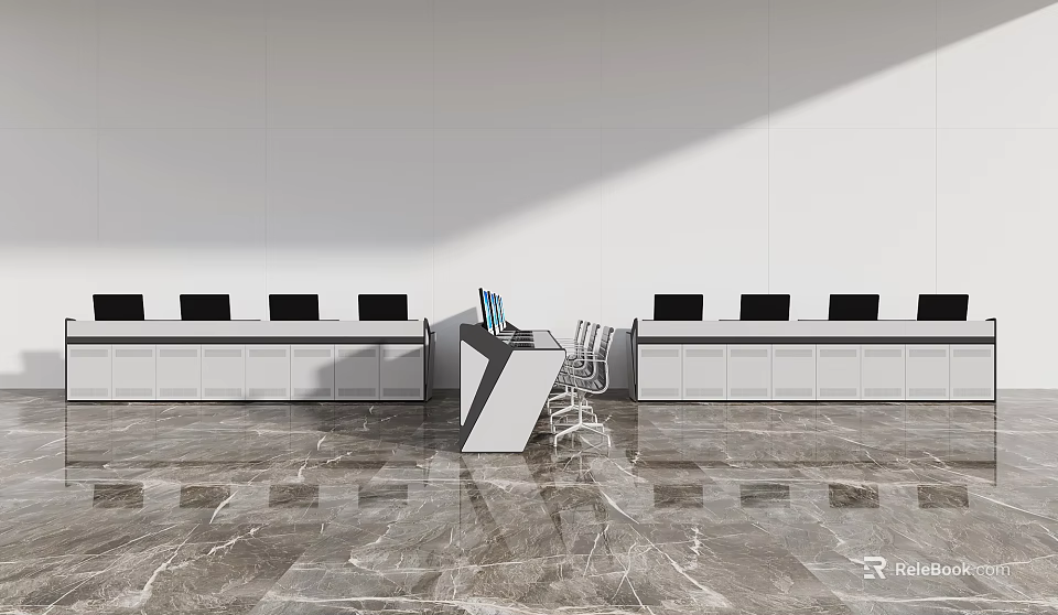 Modern Office Desk Setup With Multiple Computer Monitors And Chairs On Marble Floor 3d model