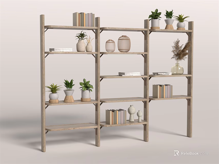 Wooden Multi Tiered Shelving Unit With Books Vases And Potted Plants 3d model 