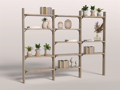 Wooden Multi Tiered Shelving Unit With Books Vases And Potted Plants 3d model