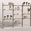 Wooden Multi Tiered Shelving Unit With Books Vases And Potted Plants