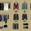 Stylish Men's Suits Shirts Pants Display On Hangers And Mannequins With Accessories
