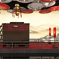 Traditional Chinese Museum Interior With Red Lanterns Oil Paper Umbrellas And Landscape Paintings
