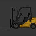 Yellow Forklift With Black Cabin And Front Forks On Reflective Surface