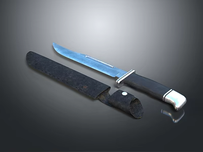 High Quality Fixed Blade Weapon Knife With Black Handle And Leather Sheath 3d model