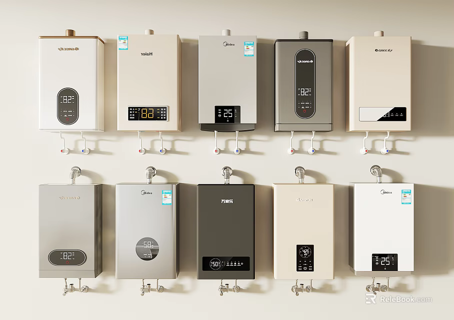 Assorted Wall Mounted Water Heaters With Digital Displays And Different Designs 3d model