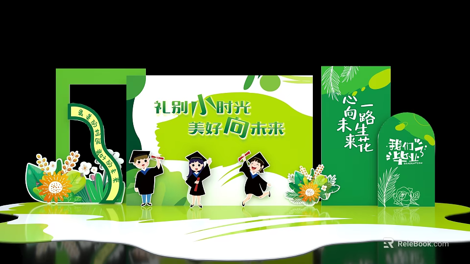 Cartoon Students in Graduation Gowns Farewell Childhood Time Towards Bright Future Green Background And Flowers 3d model 