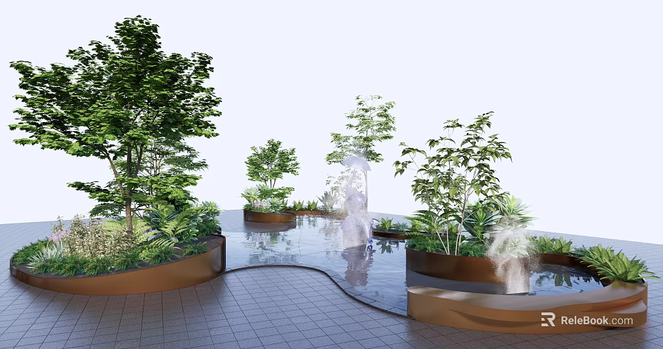 Modern Tree Planters With Green Plants And Water Fountain In Landscaped Pathway 3d model 