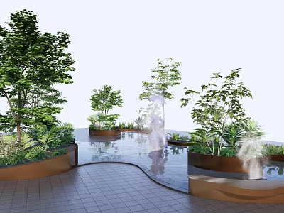 Modern Tree Planters With Green Plants And Water Fountain In Landscaped Pathway 3d model