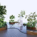 Modern Tree Planters With Green Plants And Water Fountain In Landscaped Pathway