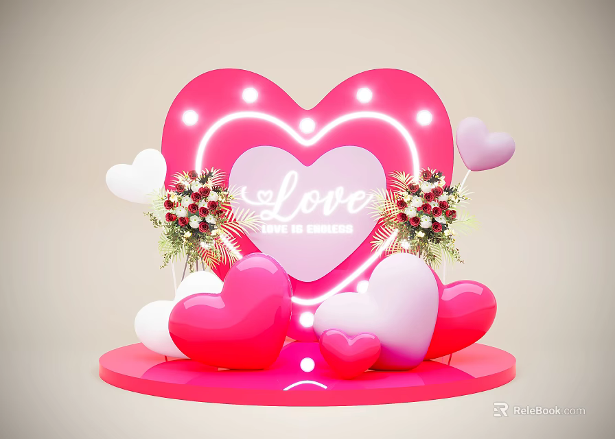 Romantic Pink Heart Neon Light Photo Spot With LOVE Lettering Heart Decorations And Flower Bouquets 3d model 