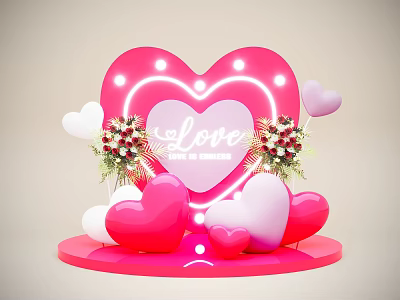 Romantic Pink Heart Neon Light Photo Spot With LOVE Lettering Heart Decorations And Flower Bouquets 3d model