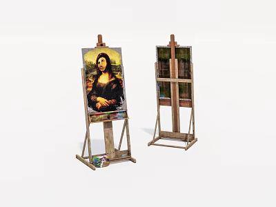 Musical Instruments and Art Supplies Featuring Wooden Easels with Mona Lisa Painting 3d model