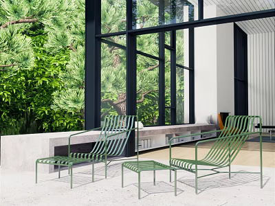 Modern Green Metal Outdoor Chairs with Striped Design for Garden Patio Area 3d model