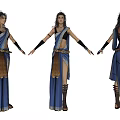 Woman In Blue Traditional Dress With Decorative Belt And Black Wristbands Front Side Back Views