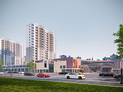 Modern Commercial Street with High Rise Buildings Traffic Greenery and Modern Architecture 3d model