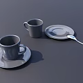 Two Gray Cups with Matching Saucers and a Spoon on Dark Background