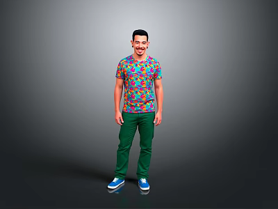 A Man Wearing Colorful Patterned T-Shirt Green Pants And Blue Shoes Against Gray Background 3d model