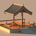 Ancient Architectural Pavilion With Traditional Roof Eaves Wooden Structure Stone Base Railings And Bench