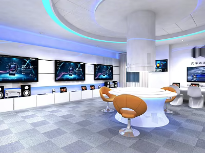 Modern Sleek Control Room With Multiple Screens Round Conference Table Orange Chairs And Blue Lighting 3d model