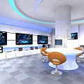 Modern Sleek Control Room With Multiple Screens Round Conference Table Orange Chairs And Blue Lighting