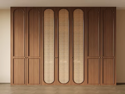 Modern Wooden Wardrobe with Rattan Insert Panels and Sleek Multiple Door Design 3d model