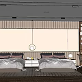 Modern Bedroom Interior Design With Twin Beds Pendant Lights Bookshelf And Wooden Floor