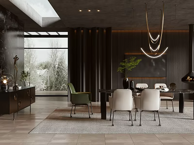 Modern Dining Room Interior With Dark Walls Large Windows Dining Table Chairs And Chandeliers 3d model