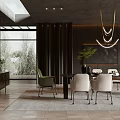 Modern Dining Room Interior With Dark Walls Large Windows Dining Table Chairs And Chandeliers