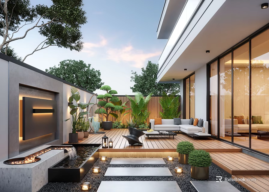 Modern Garden Outdoor Living Space with Water Fountain Plants Wooden Deck and Lighting 3d model 