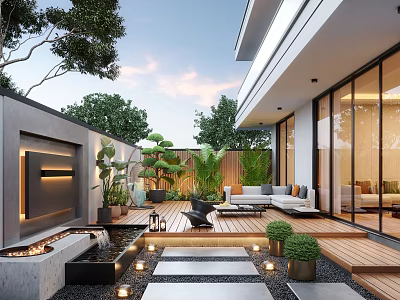 Modern Garden Outdoor Living Space with Water Fountain Plants Wooden Deck and Lighting 3d model