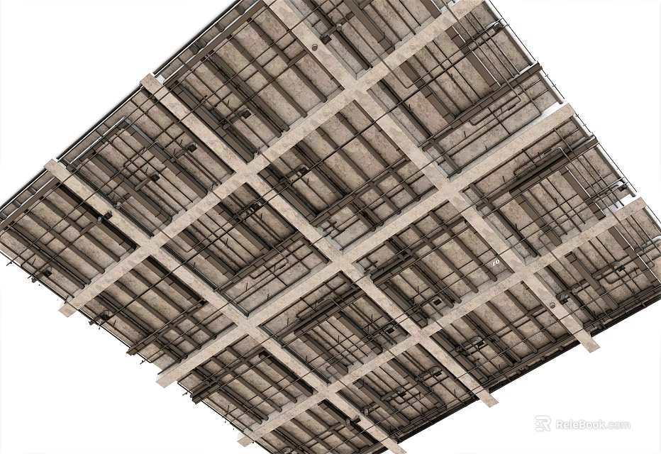 Suspended Ceiling Metal Frame Grid Structure with Support Beams Installation Design 3d model 