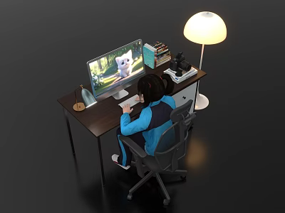 Cozy Home Office Desk Setup With Computer Monitor Lamp Books And Typing Person 3d model