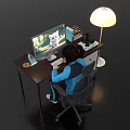 Cozy Home Office Desk Setup With Computer Monitor Lamp Books And Typing Person