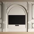 Elegant White TV Wall with Arched Top Symmetrical Decorative Panels and Built in TV